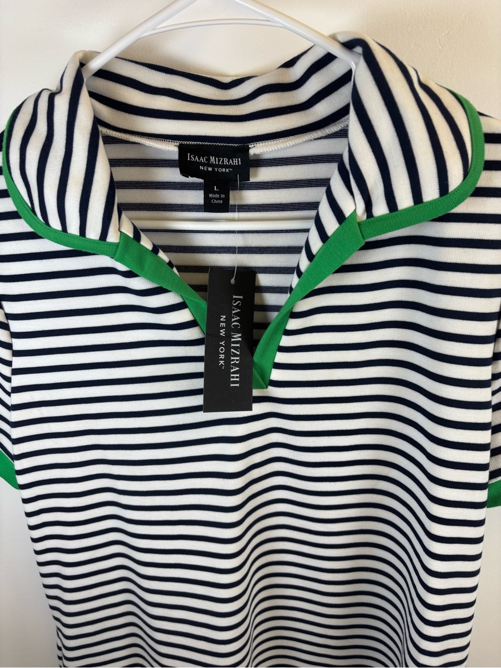 ISAAC MIZRAH GOLF DRESS WOMEN LARGE WHITE WITH NAVY STRIPES & GREEN TRIM